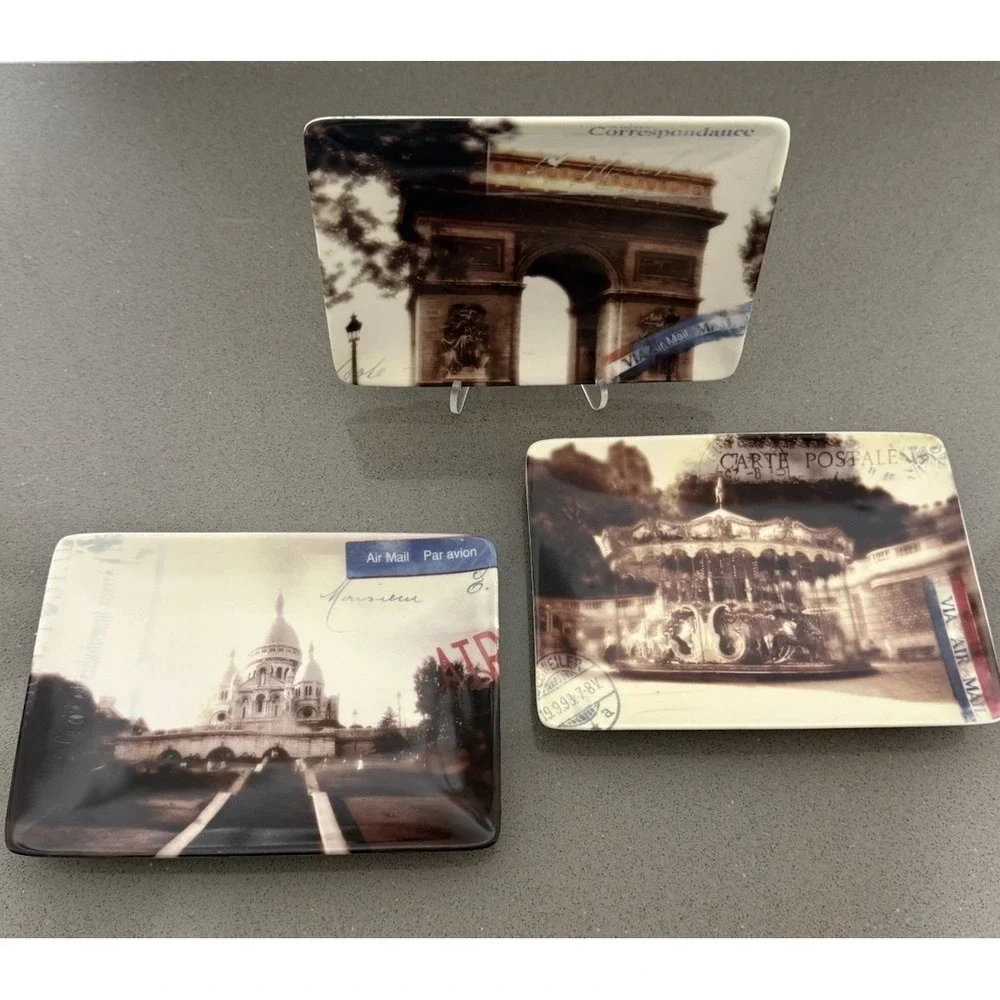 VTG Restoration Hardware Set 3 Paris Postcard Ceramic Trinket Appetizer Plate